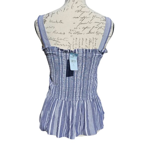 LOFT -241 NWT Blue White Striped Smocked Peplum Tank Top Blouse Women's Medium - Picture 3 of 9